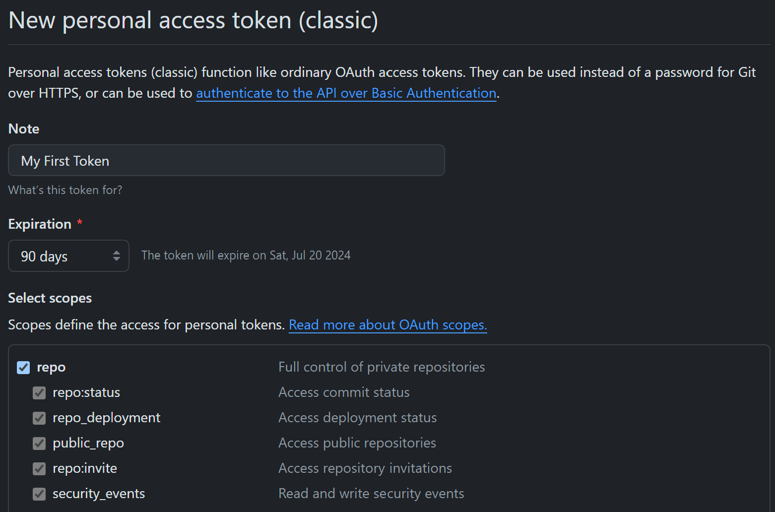 GitHub Token settings